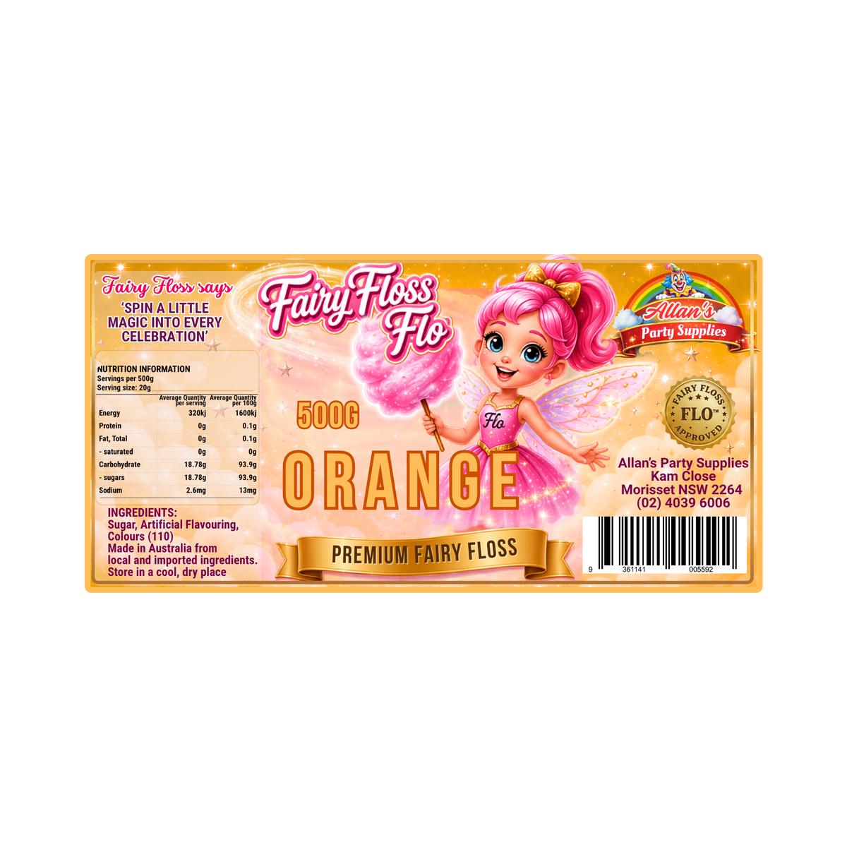 Orange Fairy Floss Sugar – 500g Jar - Allan's Party Supplies