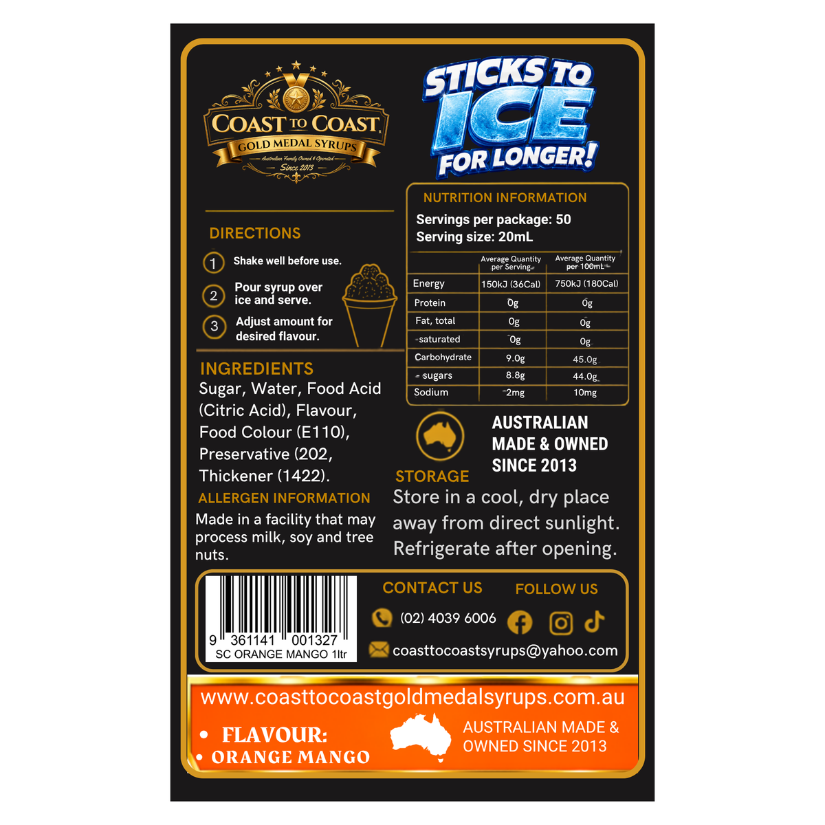 Orange Mango Snow Cone Syrups 1ltr - Coast to Coast Gold Medal Syrups®