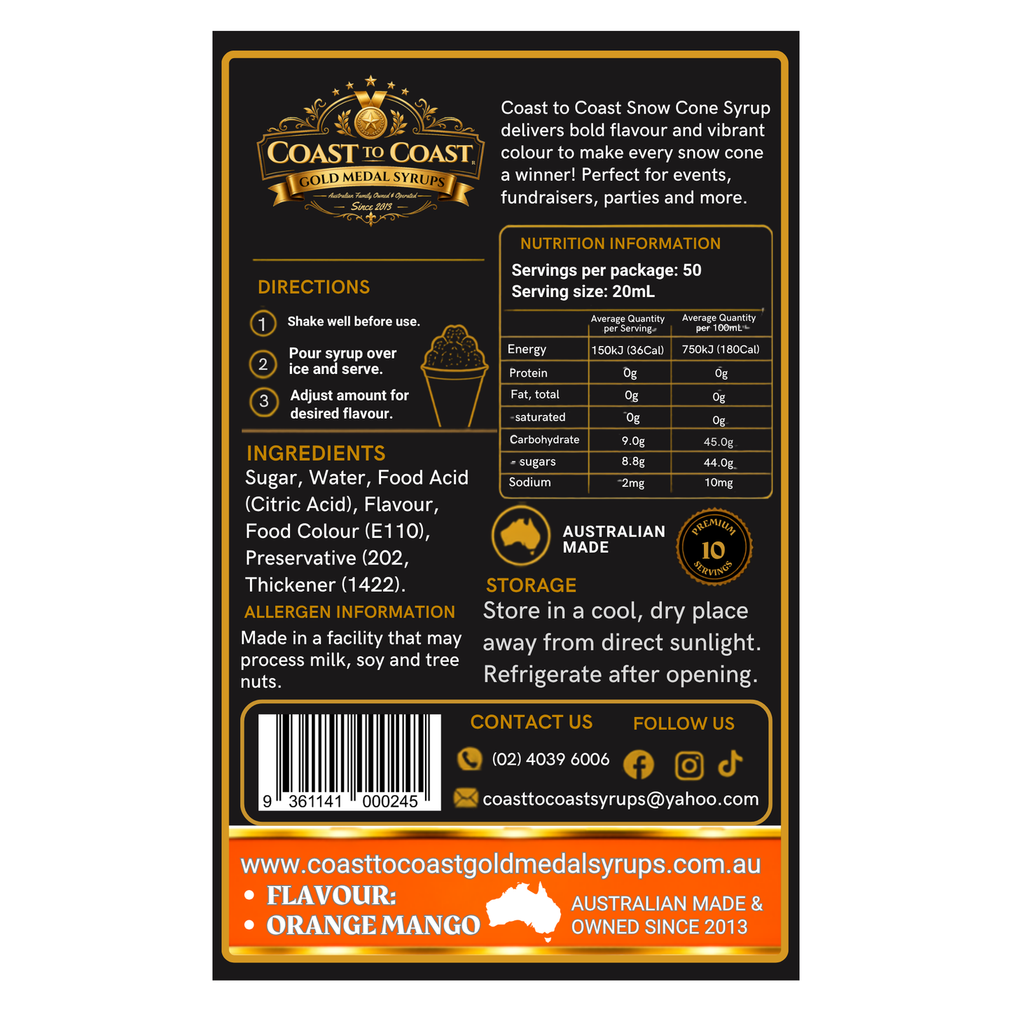 Orange Mango Snow Cone Syrups 250ml - Coast to Coast Gold Medal Syrups®