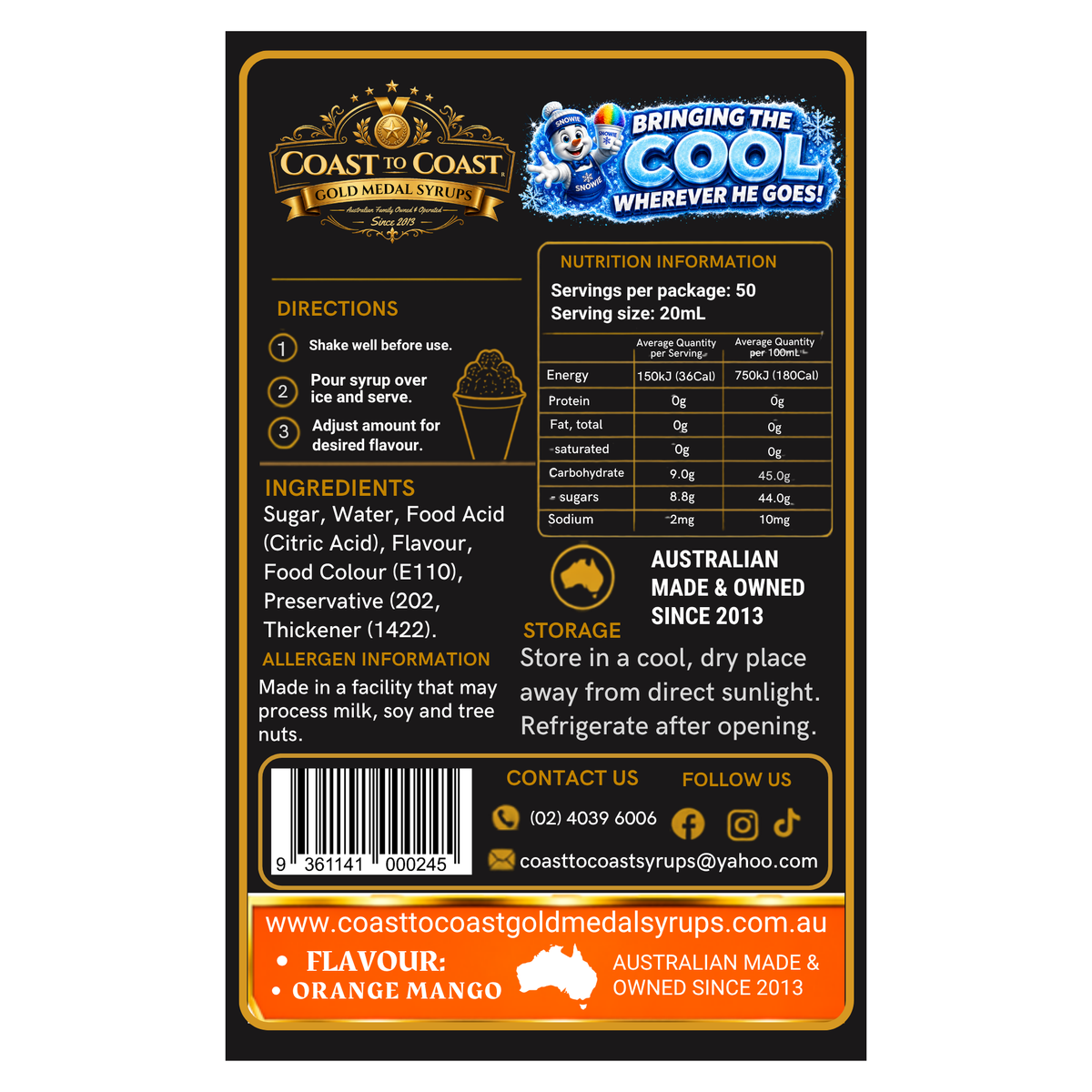 Orange Mango Snow Cone Syrups 250ml - Coast to Coast Gold Medal Syrups®