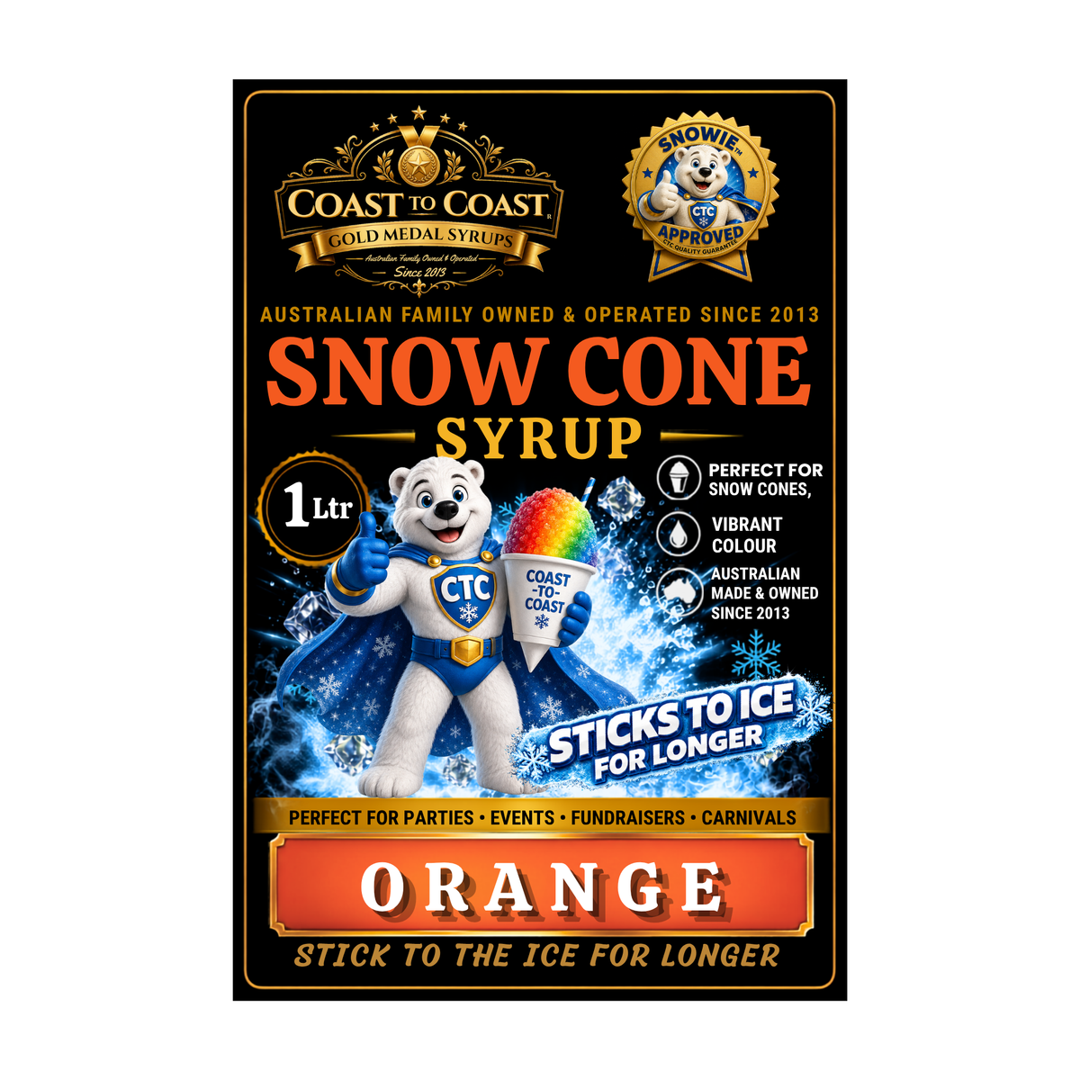 Orange Snow Cone Syrups 1ltr - Coast to Coast Gold Medal Syrups®