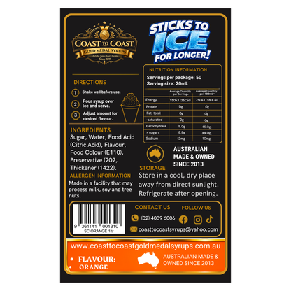 Orange Snow Cone Syrups 1ltr - Coast to Coast Gold Medal Syrups®