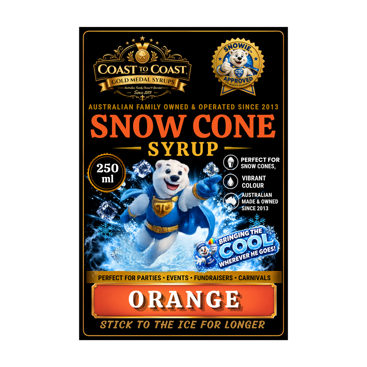Orange Snow Cone Syrups 250ml - Coast to Coast Gold Medal Syrups®