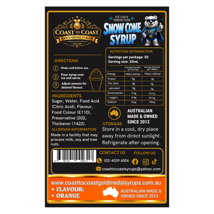 Orange Snow Cone Syrups 2ltr - Coast to Coast Gold Medal Syrups®