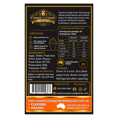 Orange Snow Cone Syrups 4ltr - Coast to Coast Gold Medal Syrups®