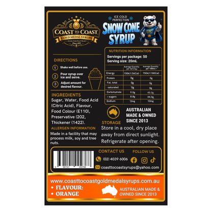Orange Snow Cone Syrups 4ltr - Coast to Coast Gold Medal Syrups®