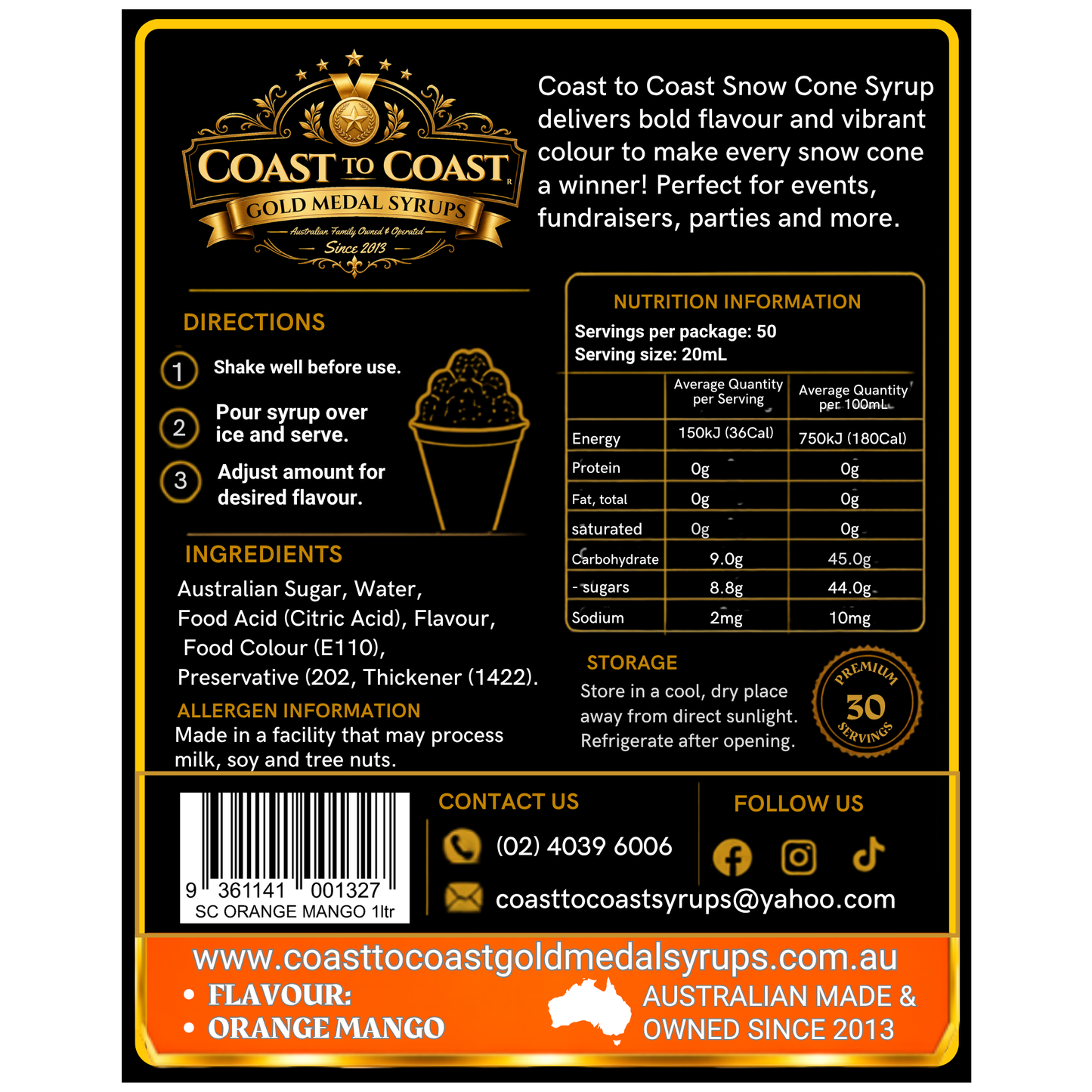 Orange Mango Snow Cone Syrups 1ltr - Coast to Coast Gold Medal Syrups®