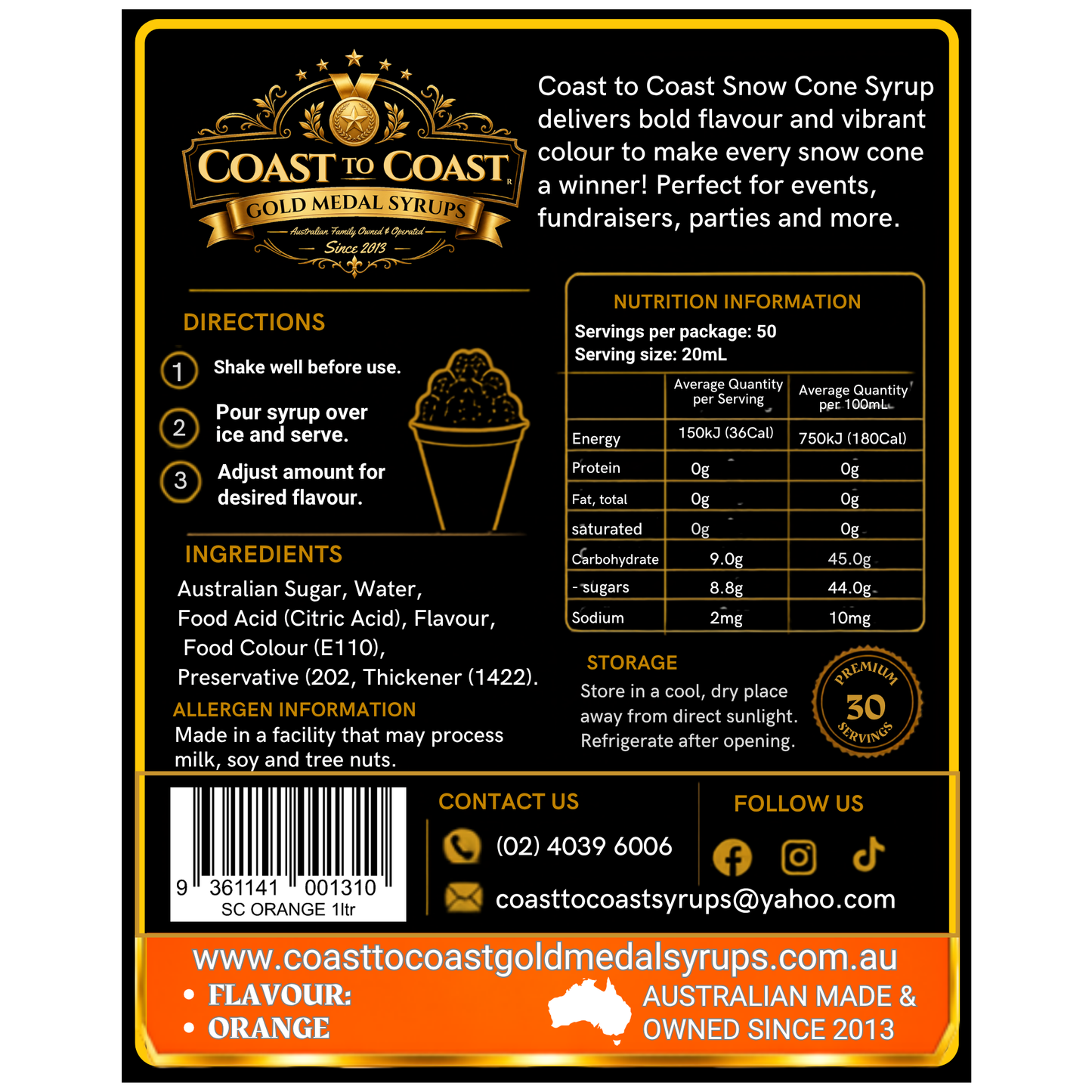 Orange Snow Cone Syrups 1ltr - Coast to Coast Gold Medal Syrups®