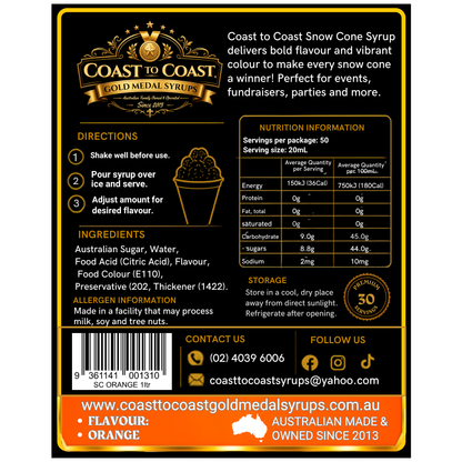 Orange Snow Cone Syrups 1ltr - Coast to Coast Gold Medal Syrups®