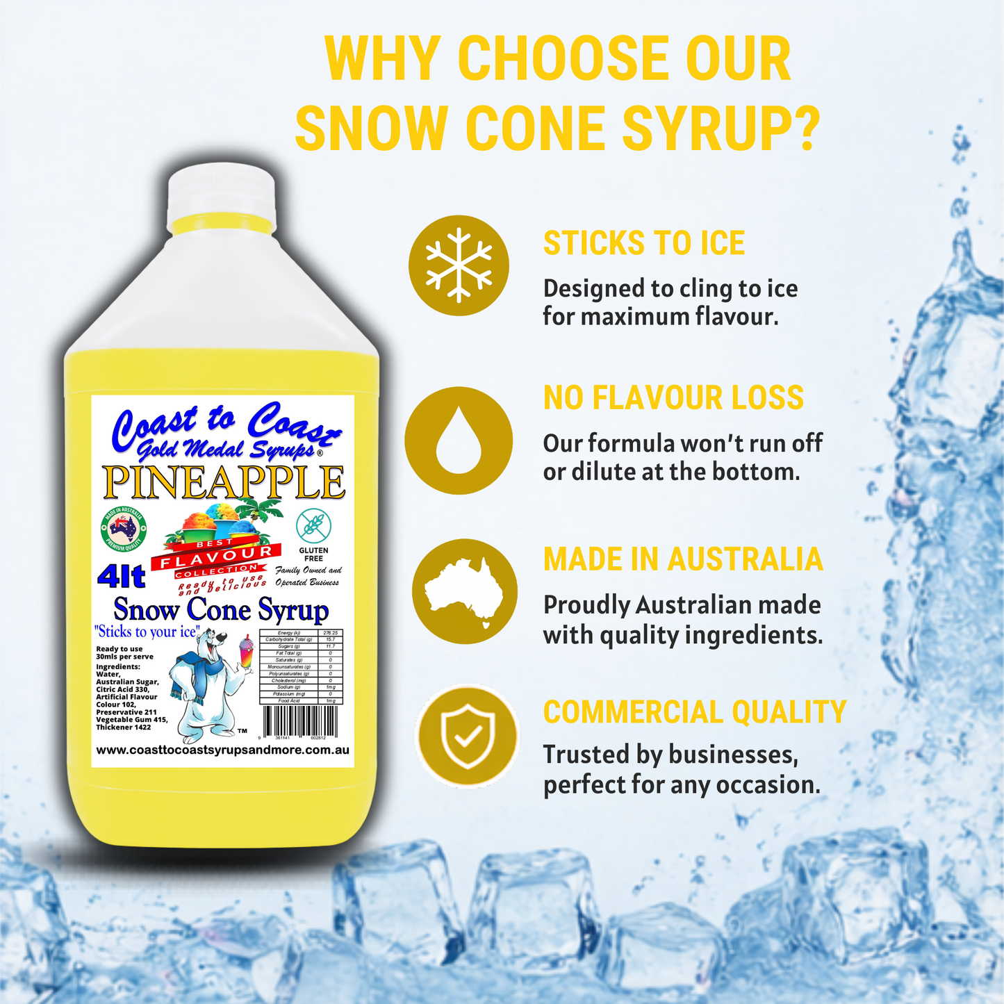 6 Pineapple Snow Cone Syrup, 4Ltr, Premium Ice Syrup, Coast to Coast Gold Medal Syrups®