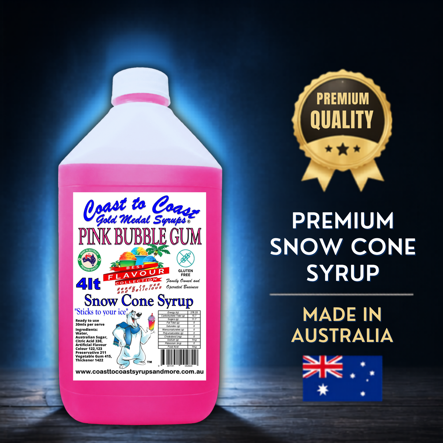 6 Pink Bubble Gum Snow Cone Syrup, 4Ltr, Premium Ice Syrup, Coast to Coast Gold Medal Syrups®