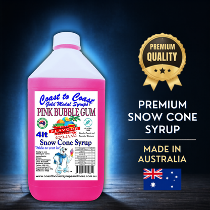 6 Pink Bubble Gum Snow Cone Syrup, 4Ltr, Premium Ice Syrup, Coast to Coast Gold Medal Syrups®