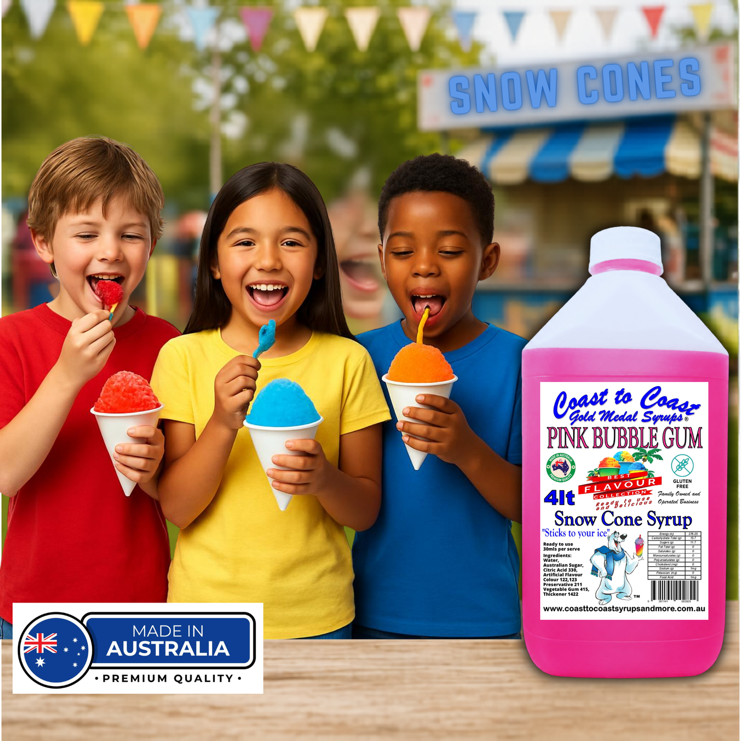 6 Pink Bubble Gum Snow Cone Syrup, 4Ltr, Premium Ice Syrup, Coast to Coast Gold Medal Syrups®