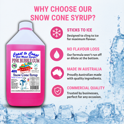 6 Pink Bubble Gum Snow Cone Syrup, 4Ltr, Premium Ice Syrup, Coast to Coast Gold Medal Syrups®