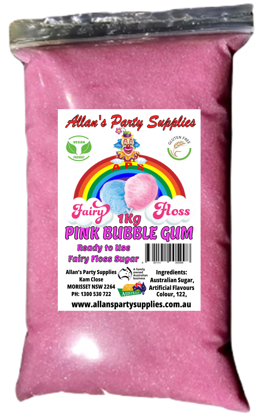 #3 APS, Premium Fairy Floss Sugar, 50 Serves RTU 1kg, Over 35 Plus Flavours