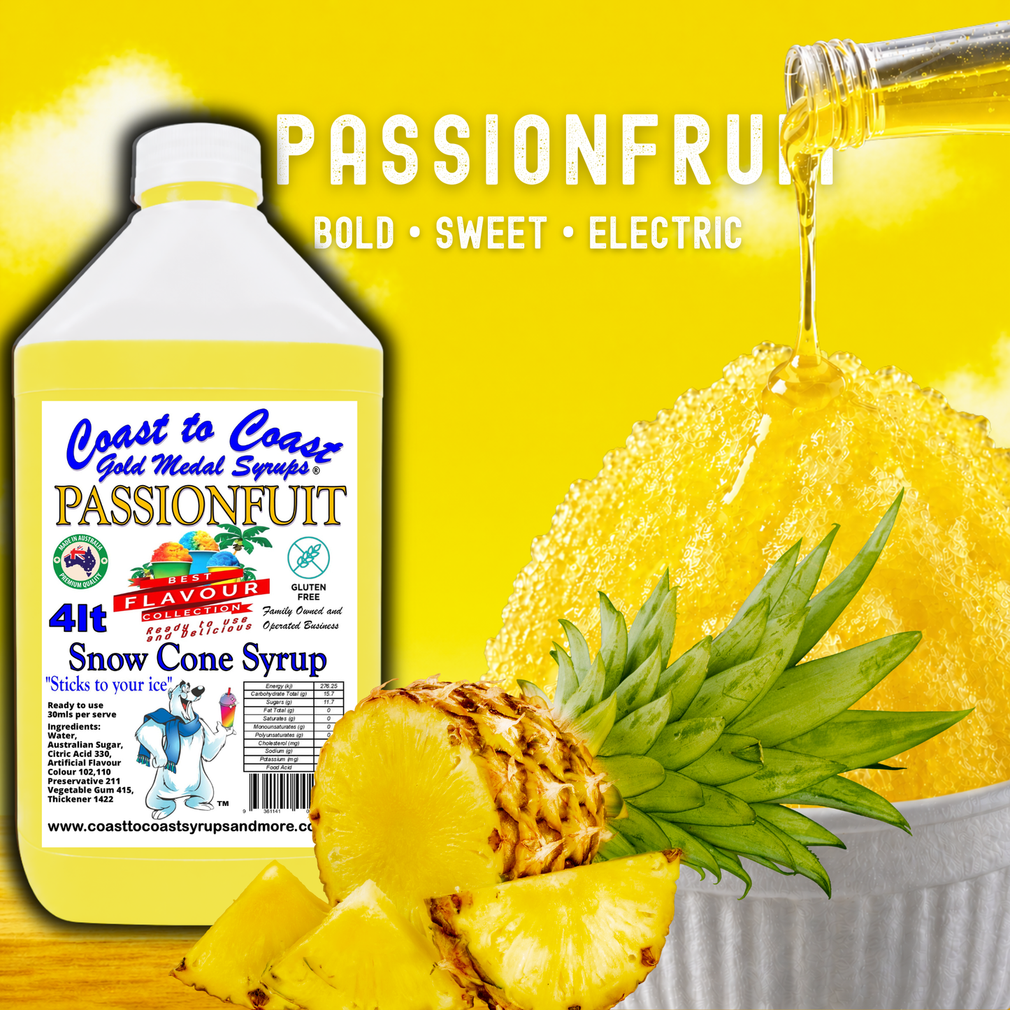 6 Passionfruit Snow Cone Syrup, 4Ltr, Premium Ice Syrup, Coast to Coast Gold Medal Syrups®