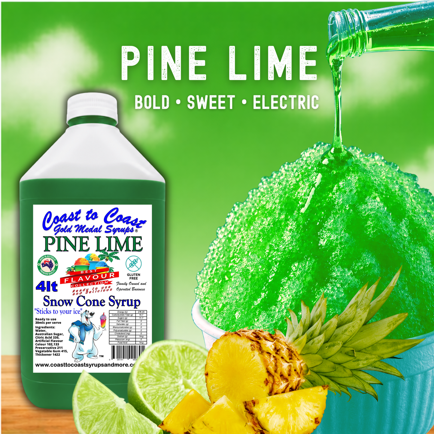 6 Pine Lime Snow Cone Syrup, 4Ltr, Premium Ice Syrup, Coast to Coast Gold Medal Syrups®