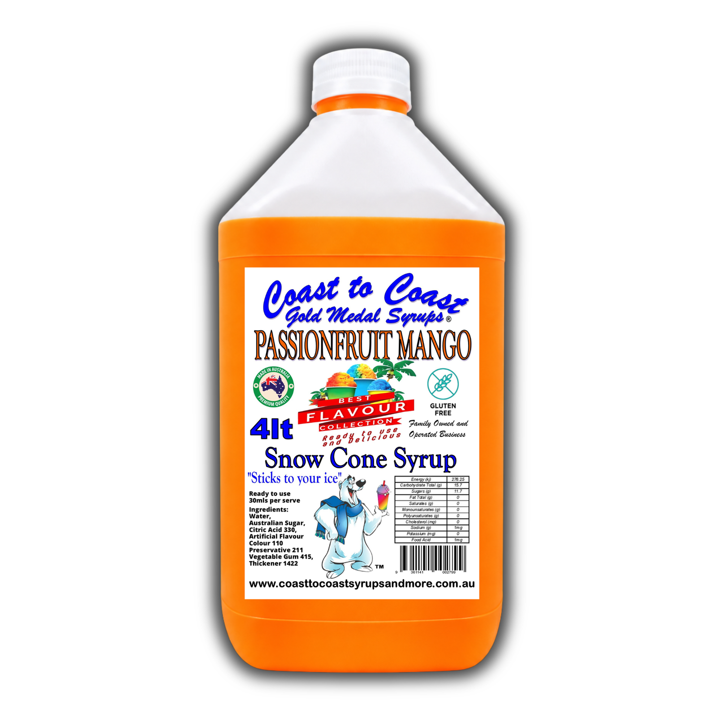 6 Passionfruit Mango Snow Cone Syrup, 4Ltr, Premium Ice Syrup, Coast to Coast Gold Medal Syrups®