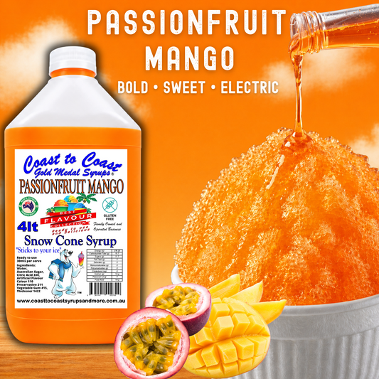 6 Passionfruit Mango Snow Cone Syrup, 4Ltr, Premium Ice Syrup, Coast to Coast Gold Medal Syrups®