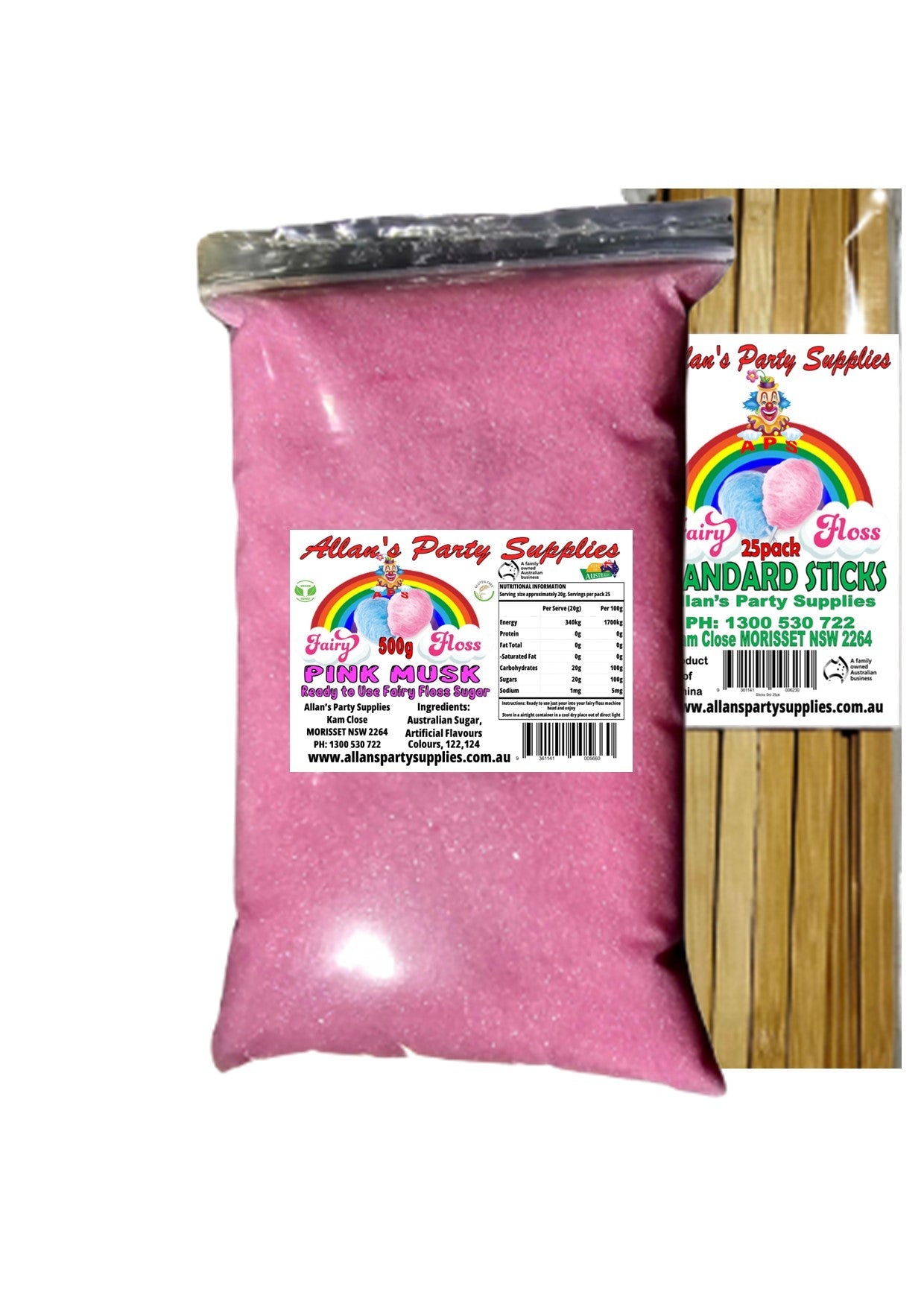 #2 APS, Fairy Floss 500g Sugar & 25 Sticks Serve Kit, With Over 35 flavours