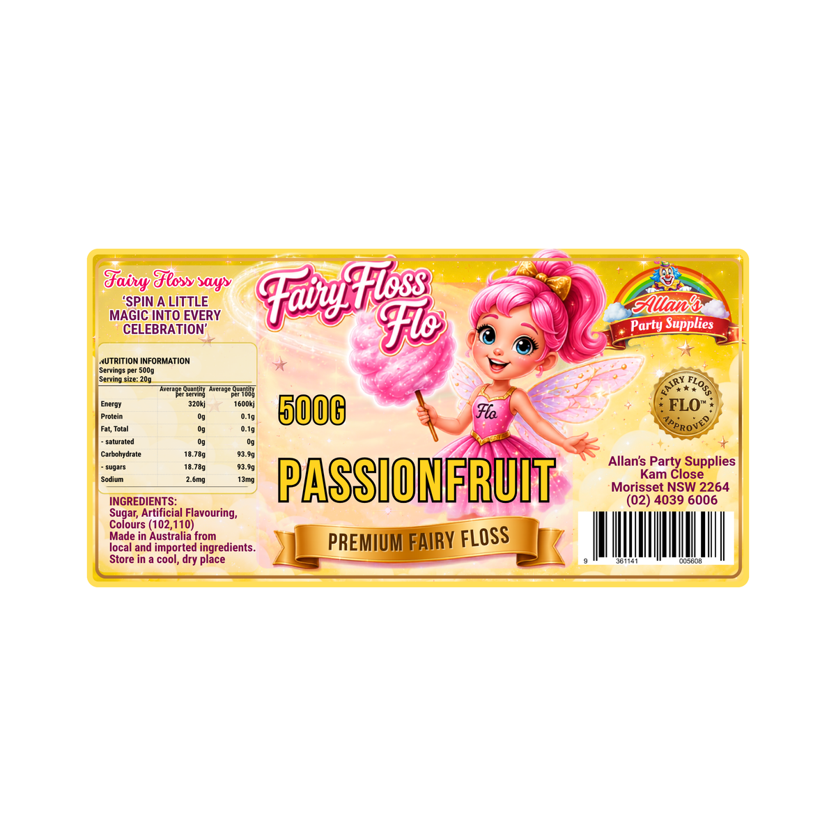 Passionfruit Fairy Floss Sugar – 500g Jar - Allan's Party Supplies