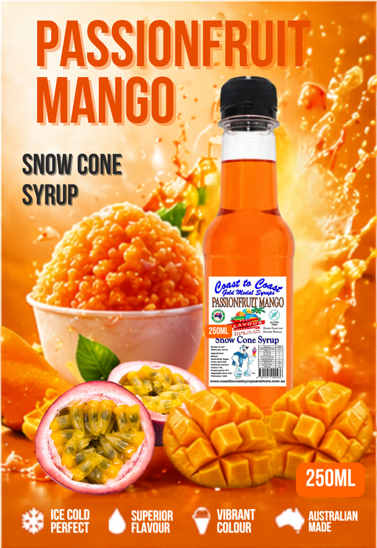 1.Passionfruit Mango Snow Cone Syrup 250ml – Premium Ice Syrup | Coast to Coast Gold Medal Syrups®