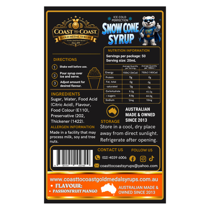 Passionfruit Mango Snow Cone Syrups 4ltr - Coast to Coast Gold Medal Syrups®