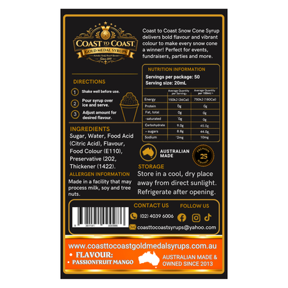 Passionfruit Mango Snow Cone Syrups 750ml - Coast to Coast Gold Medal Syrups®