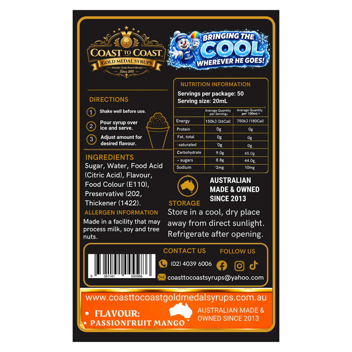 Passionfruit Mango Snow Cone Syrups 750ml - Coast to Coast Gold Medal Syrups®
