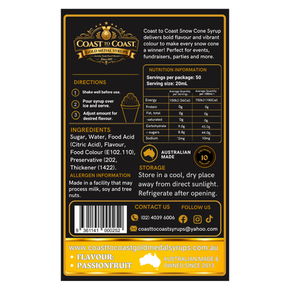 Passionfruit Snow Cone Syrups 250ml - Coast to Coast Gold Medal Syrups®