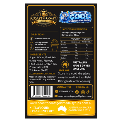 Passionfruit Snow Cone Syrups 250ml - Coast to Coast Gold Medal Syrups®
