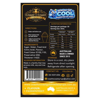 Passionfruit Snow Cone Syrups 375ml - Coast to Coast Gold Medal Syrups®
