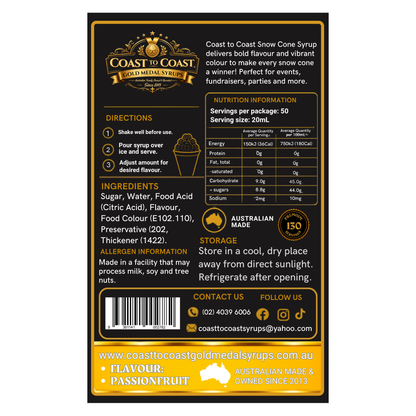 Passionfruit Snow Cone Syrups 4ltr - Coast to Coast Gold Medal Syrups®