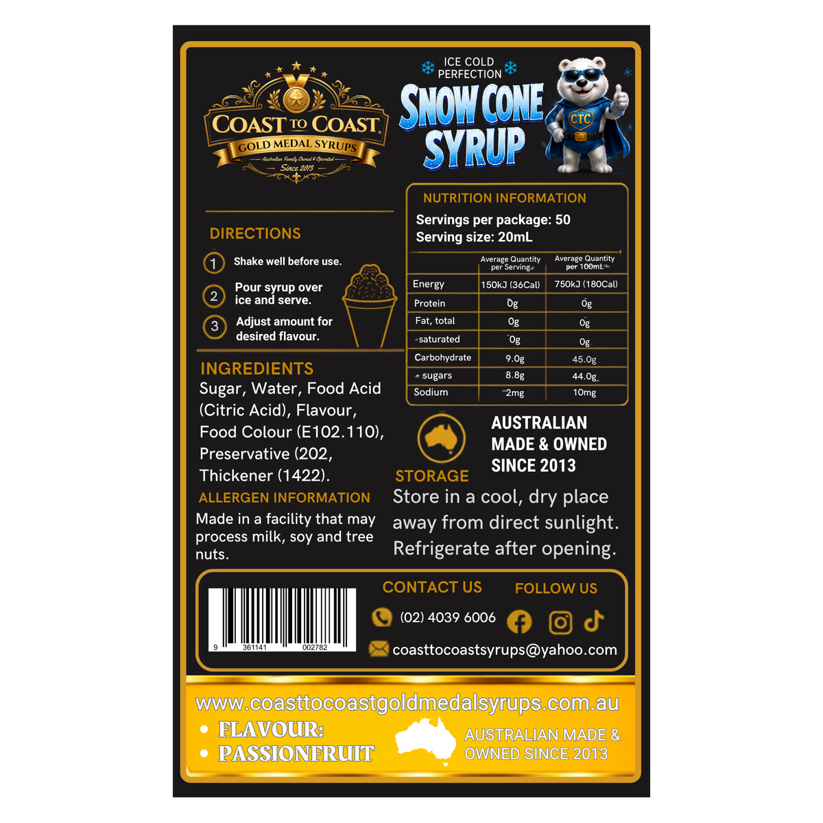 Passionfruit Snow Cone Syrups 4ltr - Coast to Coast Gold Medal Syrups®