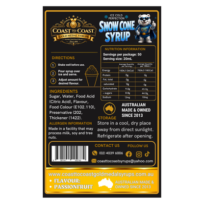 Passionfruit Snow Cone Syrups 4ltr - Coast to Coast Gold Medal Syrups®