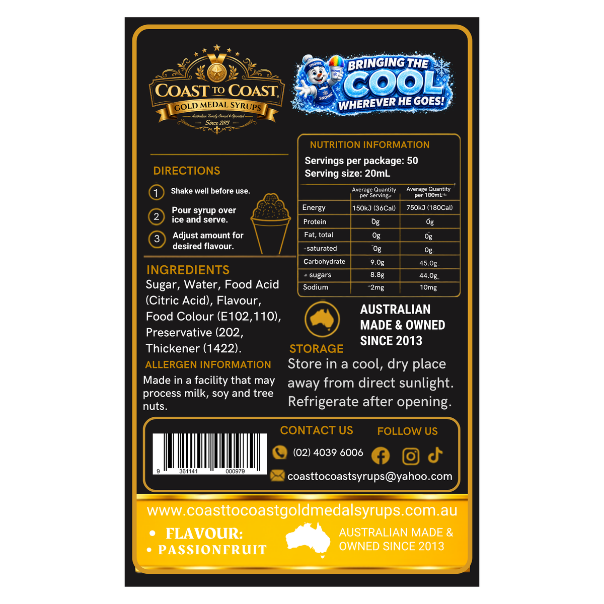 Passionfruit Snow Cone Syrups 750ml - Coast to Coast Gold Medal Syrups®