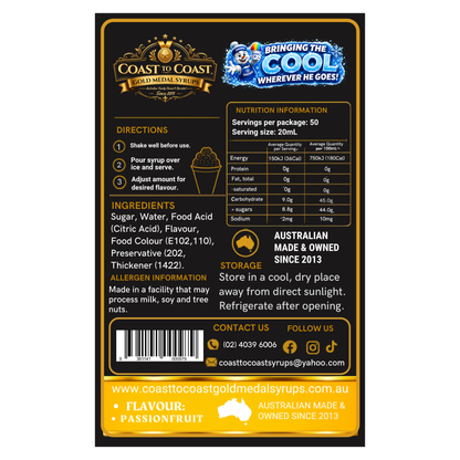 Passionfruit Snow Cone Syrups 750ml - Coast to Coast Gold Medal Syrups®