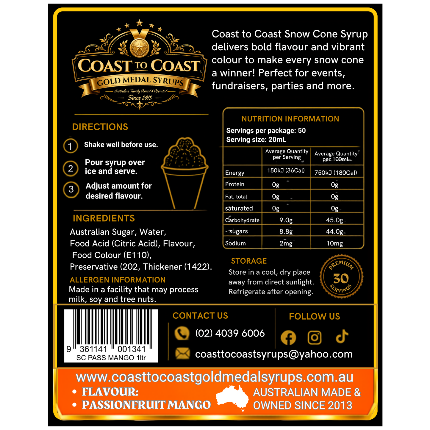 Passionfruit Mango Snow Cone Syrups 1ltr - Coast to Coast Gold Medal Syrups®