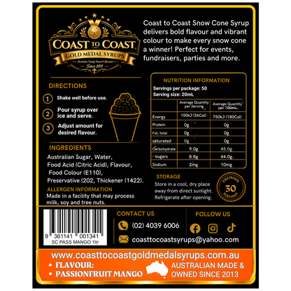 Passionfruit Mango Snow Cone Syrups 1ltr - Coast to Coast Gold Medal Syrups®