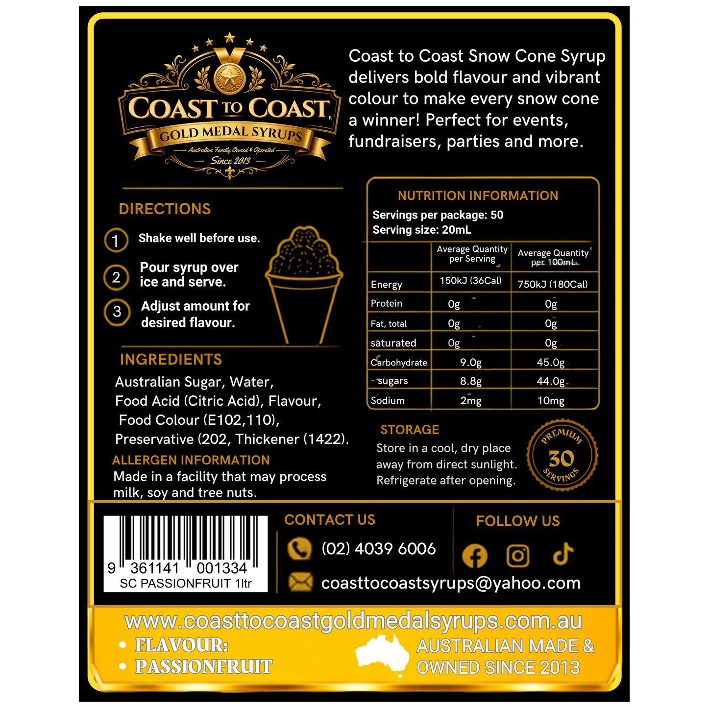 Passionfruit Snow Cone Syrups 1ltr - Coast to Coast Gold Medal Syrups®