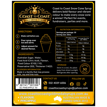 Pineapple Snow Cone Syrups 1ltr - Coast to Coast Gold Medal Syrups®