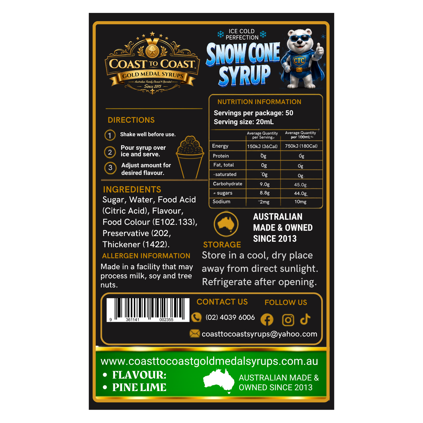 Pine Lime Snow Cone Syrups 2ltr - Coast to Coast Gold Medal Syrups®
