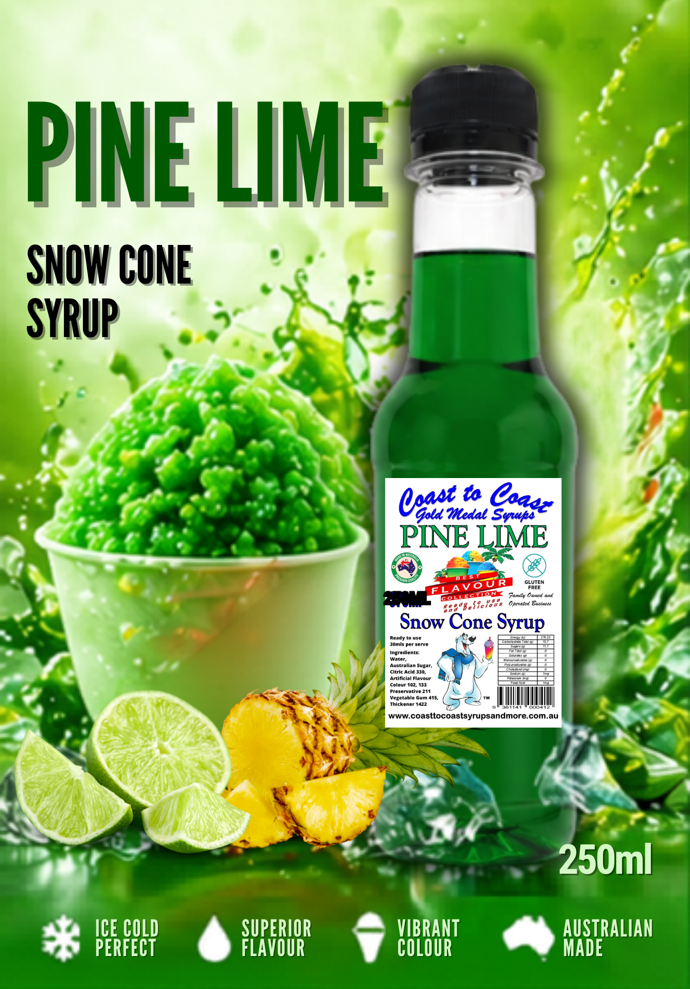 1.Pine Lime Snow Cone Syrup 250ml – Premium Ice Syrup | Coast to Coast Gold Medal Syrups®