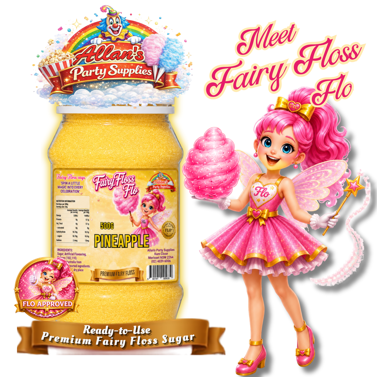 Pineapple Fairy Floss Sugar – 500g Jar - Allan's Party Supplies