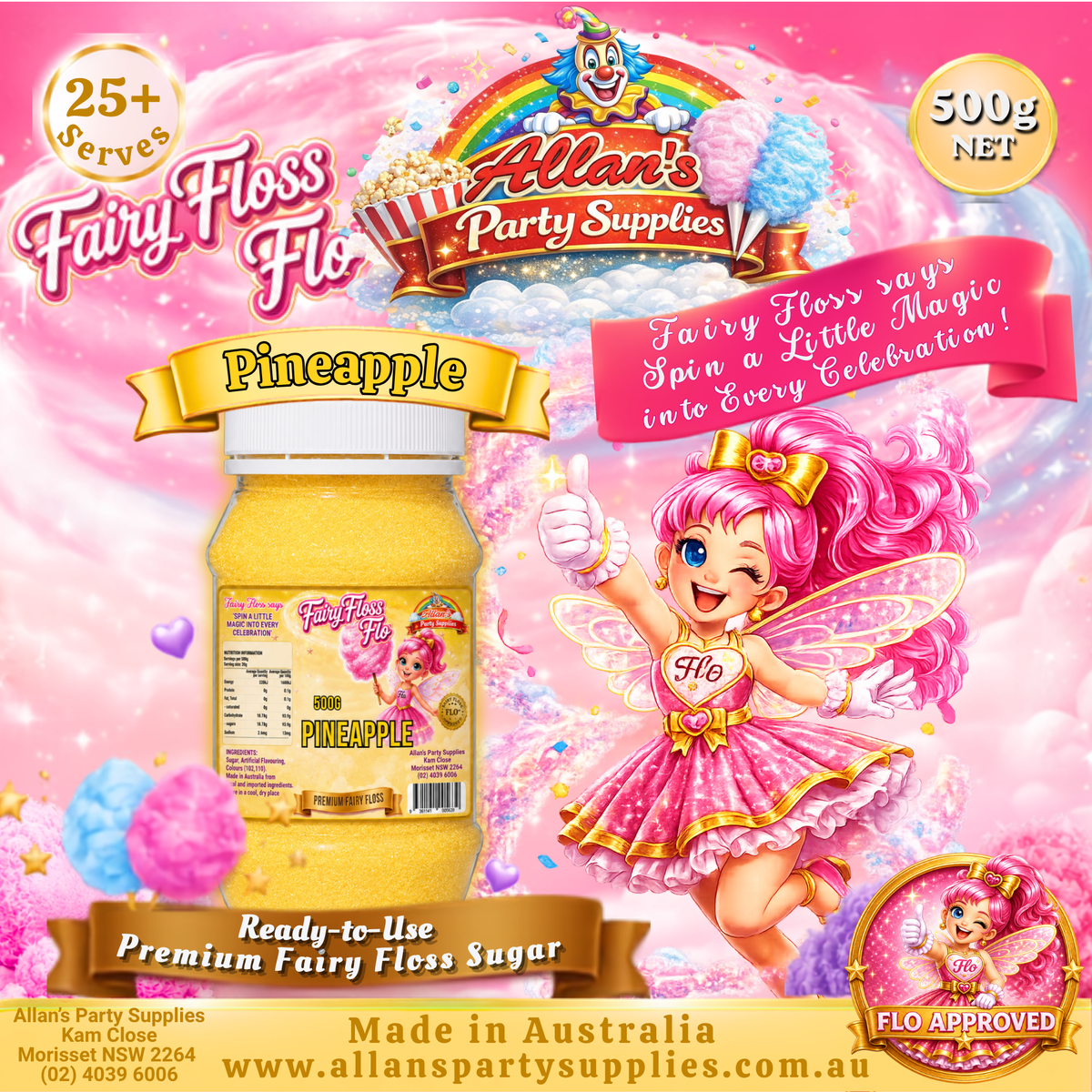 Pineapple Fairy Floss Sugar – 500g Jar - Allan's Party Supplies