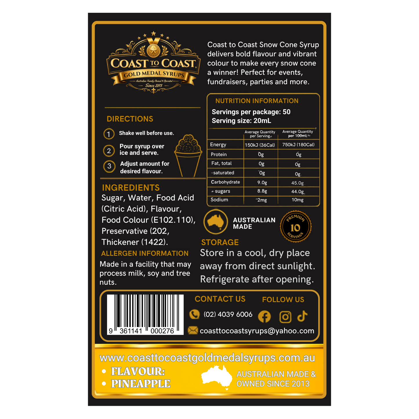 Pineapple Snow Cone Syrups 250ml - Coast to Coast Gold Medal Syrups®