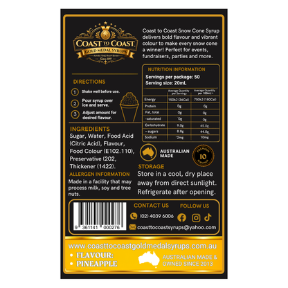 Pineapple Snow Cone Syrups 250ml - Coast to Coast Gold Medal Syrups®