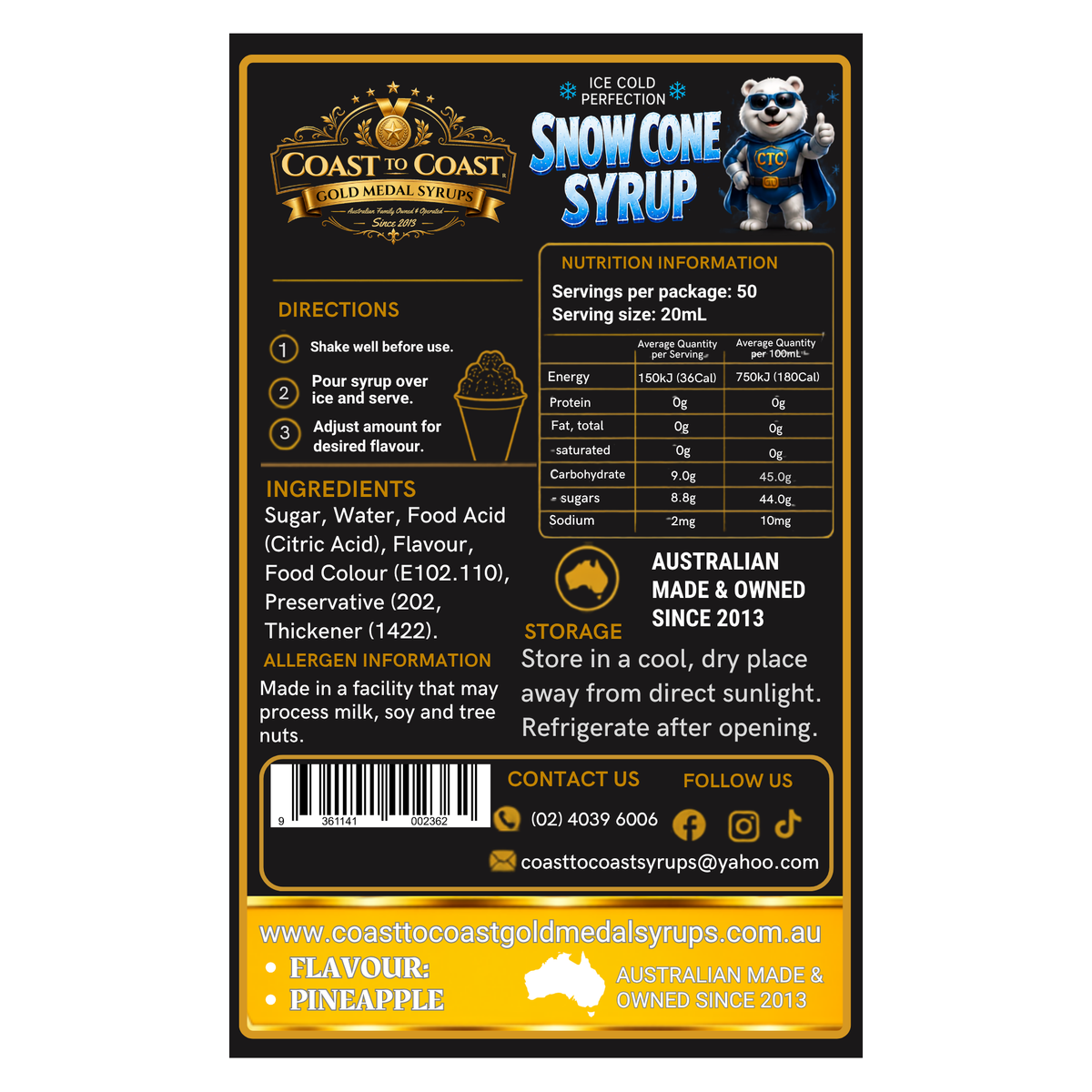 Pineapple Snow Cone Syrups 2ltr - Coast to Coast Gold Medal Syrups®