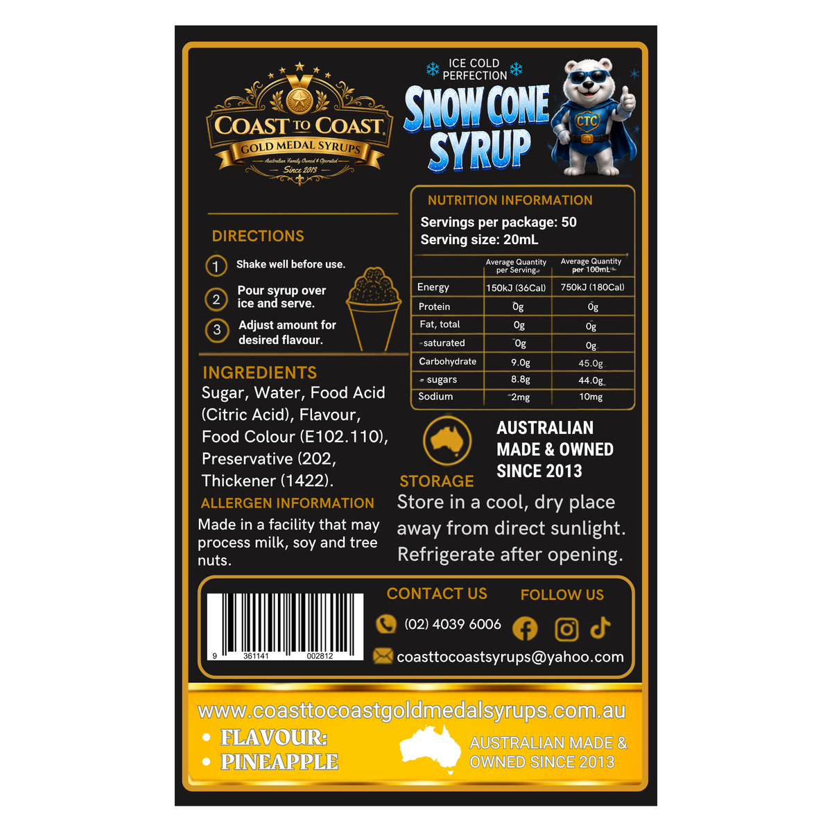Pineapple Snow Cone Syrups 4ltr - Coast to Coast Gold Medal Syrups®