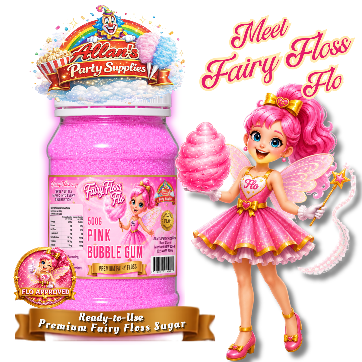 Pink Bubble Gum Fairy Floss Sugar – 500g Jar - Allan's Party Supplies